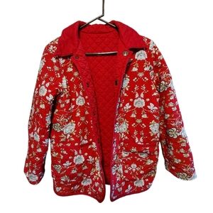Denim&Co Vintage Red Floral Reversible Quilted Car Coat/Barn Chore Jacket size M